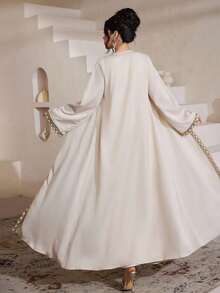 Yasmyna Áo Abaya Ả Rập thanh lịch dành cho nữ, màu mơ, chất liệu satin acetate, viền ren, thích hợp cho mùa xuân/hè. - Màu be - Xem 3
