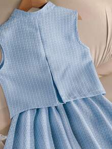 SHEIN 少女纯色纽扣前开襟无袖上衣和迷你裙优雅套装 - 淺藍色 - 查看 5