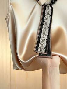 Franclia Women's Satin Blouse With Scarf, Short Sleeve - Apricot - View 3