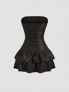 Sweetra Nouvelle robe mini élastique en PU à motif crocodile bordeaux pour femmes, convenant pour le travail, les sorties décontractées, les soirées sexy, les fêtes de rue et les boîtes de nuit. Coupe gâteau, ourlet évasé, taille froncée, sans bretelles. - Marron - Voir 2