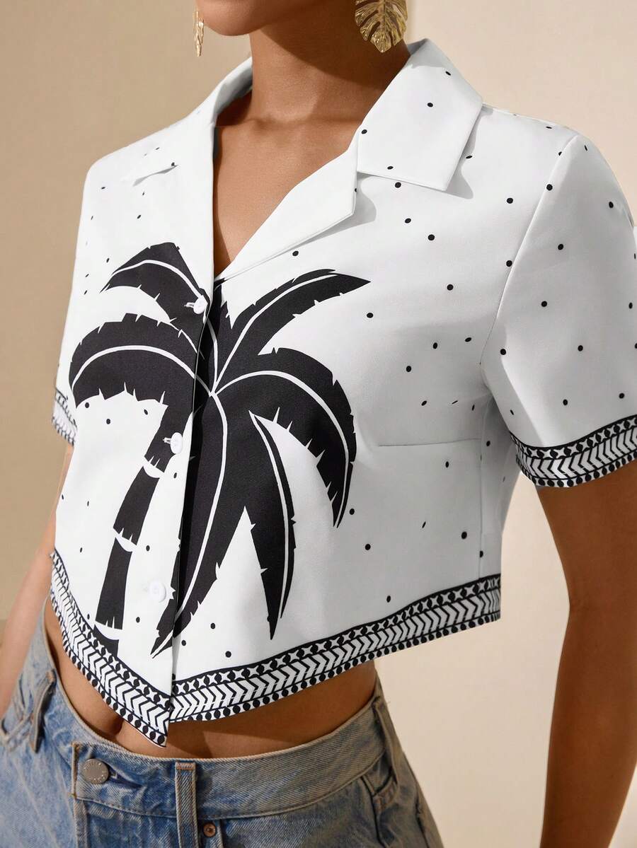 Vesra 女士棕榈树波点印花短袖翻领衬衫 - 白色 - 查看 1