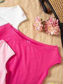 Sparklyn 3pcs/Set Girls' Off-Shoulder Snug Fit T-Shirts, Vacation Style, Multicolor - Multicolor - View 3