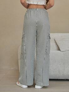 HautHeat Women's Striped Drawstring Waist Pockets Casual Loose Fit Wide Leg Pants, Suitable For Daily Wear And Home - Apricot - View 2