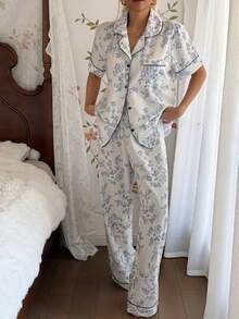 CottageSlumber Bộ đồ ngủ tay ngắn cài cúc phía trước, cổ ve áo, họa tiết hoa phối màu tương phản dành cho nữ. - Nhiều màu - Xem 5