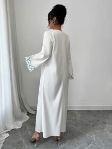 Yasmyna Women's Loose V-Neck Printed Long Sleeve Arabic Dress - Blue - View 2