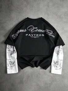 PAVTROS 男士街头风标志性刺绣二合一T恤，适合户外音乐节、日常出行、朋友聚会、送给男友/丈夫的礼物、周年纪念礼物，黑白二合一男士宽松版型印花T恤，男士刺绣印花T恤，男士宽松印花T恤，男士印花T恤，男士长袖印花衬衫 - 彩色 - 查看 5