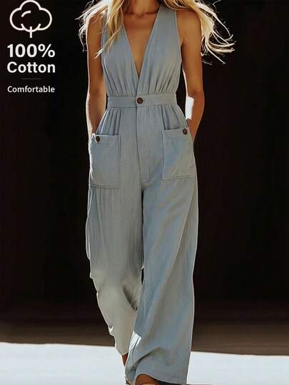 Balvessa Combinaison décontracté femme sans manches col V de couleur unie avec poches