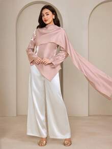 Graceveil Bộ 2 món áo kiểu lệch vai bằng satin dành cho nữ và quần ống rộng. - Hồng - Xem 4