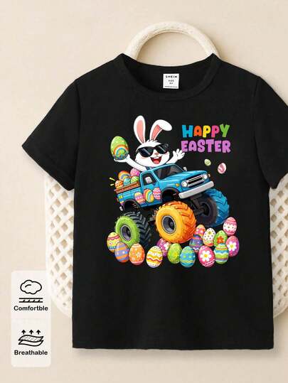 SHEIN GraphicGems Young Boy Spring And Summer Casual Stylish Creative Personalized Refreshing Cute Simple Cool Cartoon Rabbit Sunglasses Truck Egg Graphic Letter Slogan Print Basic Short Sleeve T-Shirt, Comfortable For Easter Atmosphere, Suitable For Spring