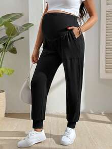 SHEIN 女士超柔软亲肤高弹休闲孕妇裤 - 黑色 - 查看 6