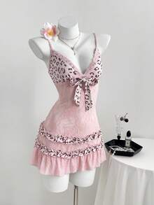 Elamini 女士豹纹拼接吊带连衣裙 - 粉色 - 查看 5