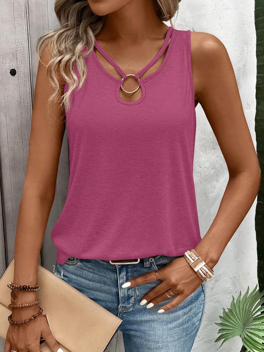 EMERY ROSE 女士纯色金属装饰休闲百搭无袖上衣，适合日常穿着 - 玫紅色 - 查看 1