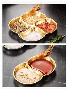 1个不锈钢双格/三格/四格酱料碟，韩式烤肉蘸酱盘，圣诞礼物，学习用品 - 金色 - 查看 7