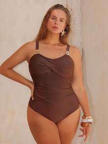 Swim Chiccia Plus Size One-Piece Swimsuit For Women, European & American Style, Nylon Shiny Fabric, Slimming Design - Coffee Brown - View 3
