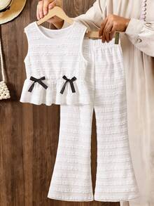 2pcs/Set Girls Jacquard Sleeveless Top And Pants, Suitable For Summer Outings, Vacation, And Daily Wear - White - View 1