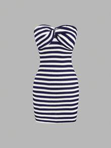 Sweetra Váy ống bó sát hở lưng họa tiết sọc tương phản dành cho nữ, mùa hè - Nhiều màu - Xem 3