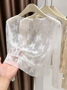 GlowEve 女士轻薄透视蕾丝外套，春夏款 - 白色 - 查看 2