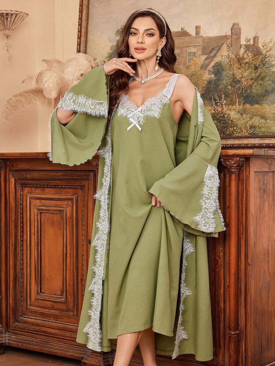 SHEIN Women's Palace Style Textured Jacquard Comfortable Spaghetti Strap Long Nightgown And Robe 2 Pieces Set - Olive Green - View 1