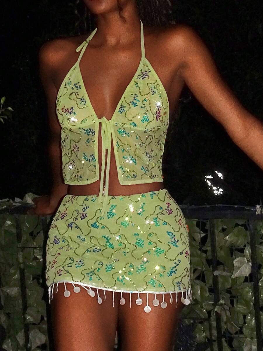 EgrlEra Women's Sexy Elegant Sheer Embroidered Bowknot Spaghetti Strap Backless Camisole Top, Suitable For Spring, Summer, Autumn - Mint Green - View 1