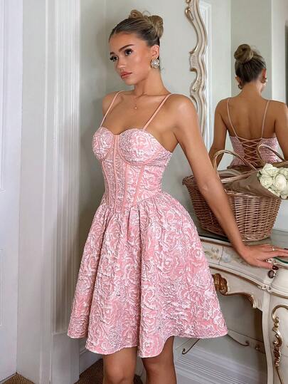Glamine Charm Women's Sleeveless Jacquard Weave Dress, Elegant Party Style, Pink Corset Dress Sexy Pink Dress Pink Corset Dress Pink Mini Dress Lace Up Back Dress Pink Sundress
