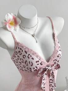 Elamini 女士豹纹拼接吊带连衣裙 - 粉色 - 查看 1