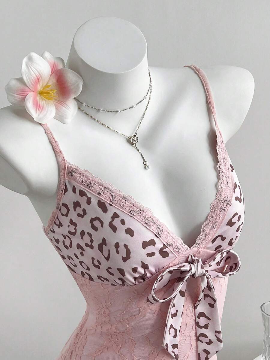 Elamini 女士豹纹拼接吊带连衣裙 - 粉色 - 查看 1