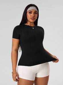 Rhythm Era Plus Size Sport Casual Solid Color Seamless Short Sleeve Sport T-Shirt Compression Shirt Fitted Shirt Gym Women Shirts Work Out Plus Size Workout Top Plus Size Active Top Weight Loss Plus Size Sports Top Workout Tops Curve Plus Size Gym Top Plus Size Workout Tops - Black - View 6