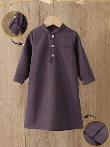 SHEIN Toddler Infant Baby Boys Traditional Casual Long Sleeve Stand Collar Button Half-Open Front Pocket Robe Top, Adjustable Sleeve Length, Side Slit Hem Design, Arabic Dishdasha, Islamic Clothing, Kaftan, Saudi Arabian Outfit, Robe, Boys White Kurta, Boys White School Thobe, Boys Kurtas, Basic Silhouette Suitable For Spring, Summer, Autumn, Winter,3M-3T - Burgundy - View 8