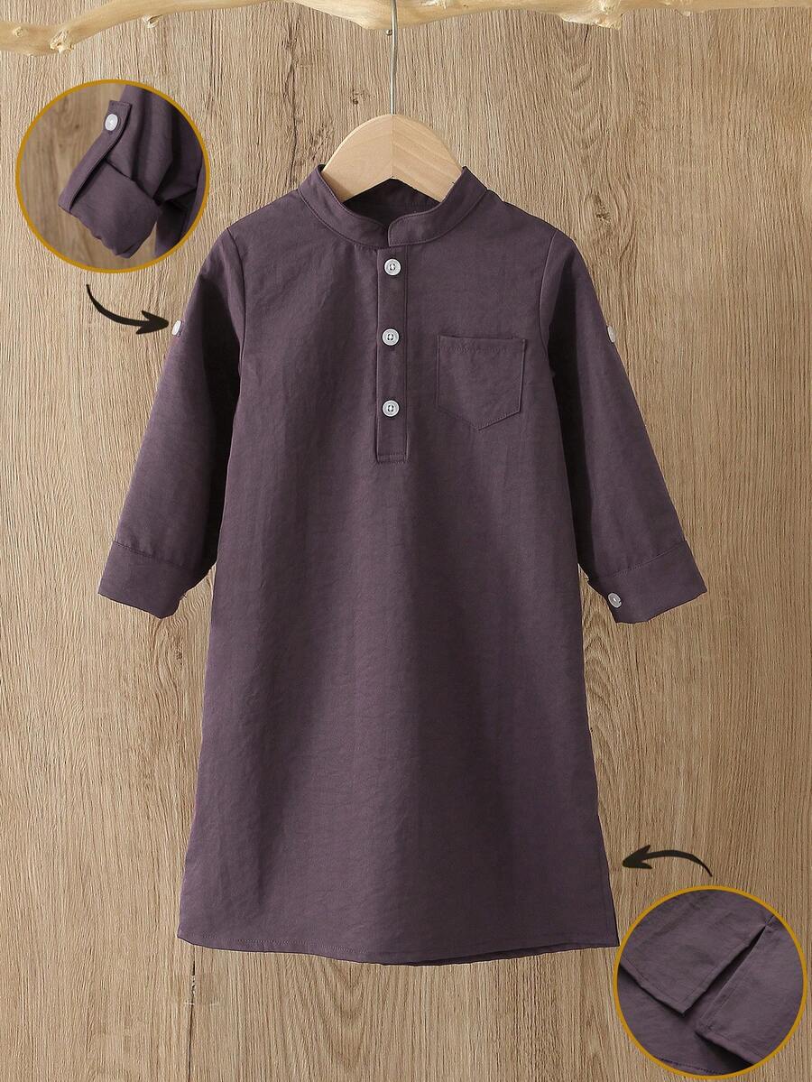 SHEIN Toddler Infant Baby Boys Traditional Casual Long Sleeve Stand Collar Button Half-Open Front Pocket Robe Top, Adjustable Sleeve Length, Side Slit Hem Design, Arabic Dishdasha, Islamic Clothing, Kaftan, Saudi Arabian Outfit, Robe, Boys White Kurta, Boys White School Thobe, Boys Kurtas, Basic Silhouette Suitable For Spring, Summer, Autumn, Winter,3M-3T - Burgundy - View 1