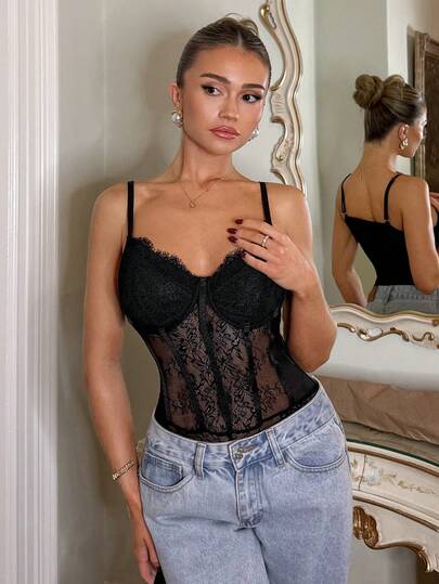 Glamine Charm Sexy Elegant Lace Patchwork Mesh Underwire Structured Striped Camisole Camisole