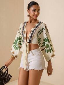 Vesra 女士夏季度假椰树印花蝙蝠袖系带衬衫 - 橄欖綠 - 查看 3