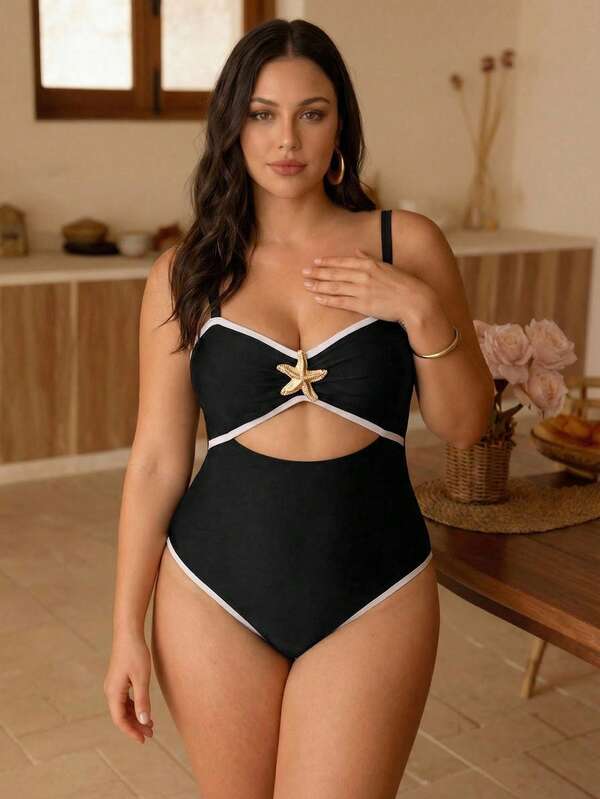 Swim Chiccia Traje de baño de una pieza para mujer talla grande con detalles de contraste, recortes y decoración de estrella de mar metálica para vacaciones de verano en la playa