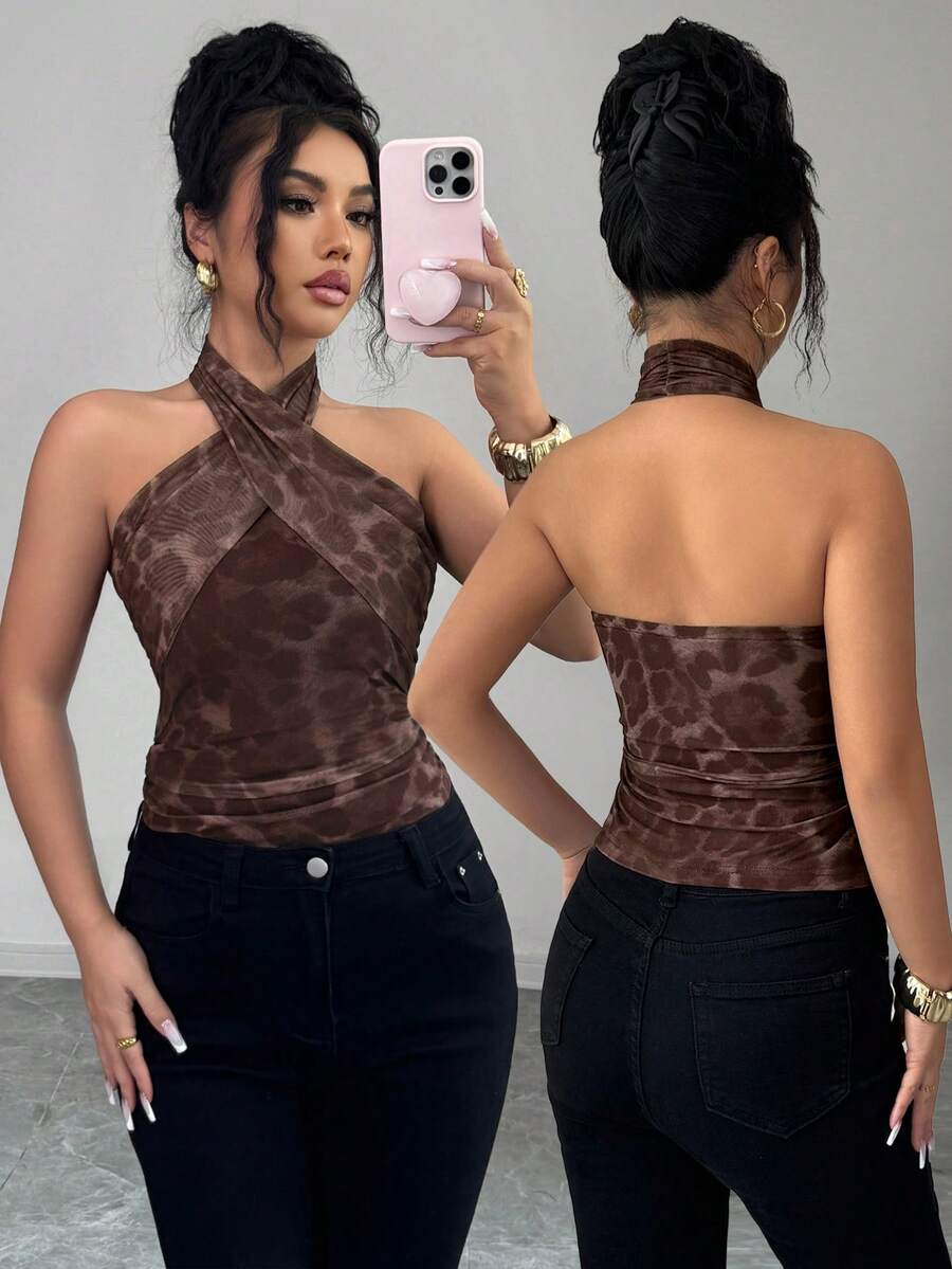 Rafferiza Women's Vacation Casual Ruched Leopard Print Halter Top - Multicolor - View 1