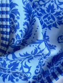 SHEIN Swim 女士夏季沙灘植物印花頸套式性感比基尼套裝 - 藍色 - 查看 5