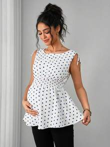 Momance 孕妇夏季休闲度假风波点印花打结肩部收腰背心 - 藍色 - 查看 3