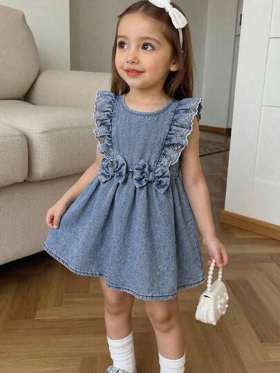 SHEIN Vintaside Kids Girls' Denim Dress With Lace Trim Ruffle Sleeves, Sweet Casual Pleated Waist For, Baby Girl