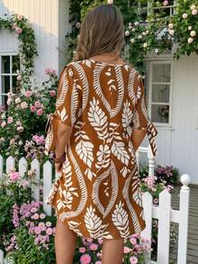 Linhara 女士休闲印花V领系带袖短款连衣裙，舒适百搭，适合通勤、休闲、海滩、日常办公穿着，春夏皆宜。 - 彩色 - 查看 2