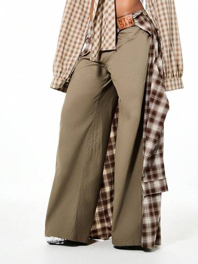 SUMWON WOMEN Wijde, geruite palazzo cargobroek met oversized zakken en trekkoord in de taille voor een casual streetwear look in de herfst en winter.