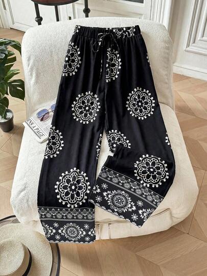 Franclia 黑色底白色腰果花印花抽绳宽松阔腿裤（女款）