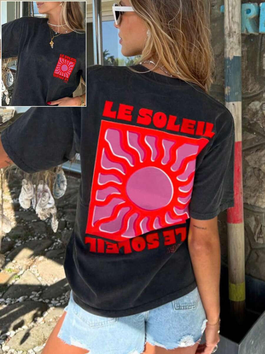 DrmWander Women's Graphic T-Shirt, Casual Street Style Short Sleeve Tee, Cute Summer Top - Dark Grey - View 1