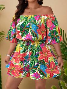 SHEIN Clasi Mono informal con hombros descubiertos y estampado para mujer talla grande - Multicolor - Ver 3