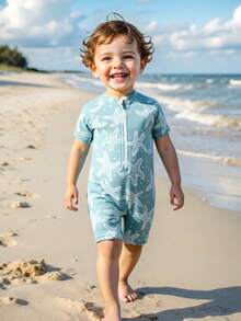 SHEIN Đồ bơi liền thân tay ngắn họa tiết rùa biển hoạt hình cho bé trai, thích hợp đi biển, hồ bơi, kỳ nghỉ hè - Màu xanh bạc hà - Xem 5