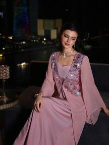 Layrah Elegante vestido de cuello cuadrado con bordado de cuentas y mangas acampanadas 2 en 1, para primavera/verano - Rosa - Ver 3