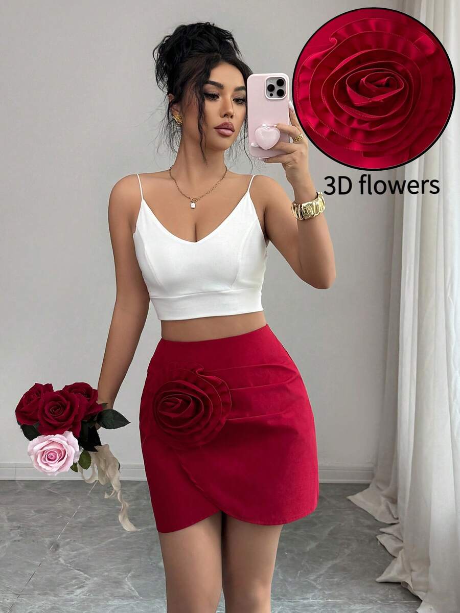 Rafferiza 女士立体花卉图案时尚百搭约会/外出迷你裙 - 紅色 - 查看 1