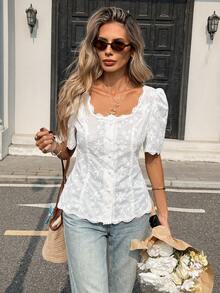 Pariaura Women's Elegant French Lace Embroidered Short Sleeve Button-Up Blouse - White - View 5