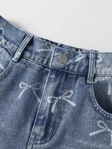 SHEIN Elladie kids 少女Y2K风格牛仔裤 - 复古浅色水洗牛仔布，蝴蝶印花，宽松直筒版型，舒适柔软面料，街头风，宽松牛仔裤，Y2K阔腿牛仔裤，印花牛仔裤，秋冬款 - 淺色水洗藍 - 查看 7