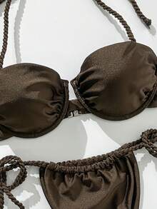 Swim Vcay Bộ bikini hai mảnh màu trơn dành cho nữ, kiểu cổ yếm, có gọng nâng ngực, thích hợp cho mùa xuân/hè. - màu nâu - Xem 5