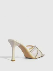 CUCCOO SZL Women's Fashion Square Toe Thin High Heel Beige Mesh Rhinestone Chain Open Toe High Heel Sandals, One-Piece Slip-On Sandals, Stylish Glamorous Sexy Party Sandals - Beige - View 8