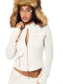 SUMWON WOMEN 短款亚麻质感工装夹克，带人造毛皮兜帽和前拉链，配有多个口袋，冬季外套 - 白色 - 查看 1
