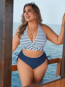 Swim Lushoire Ensemble de bikini grande taille à col ras-du-cou avec imprimé rayé rétro et blocs de couleurs, convient pour les vacances à la plage - Bleu azur - Voir 5